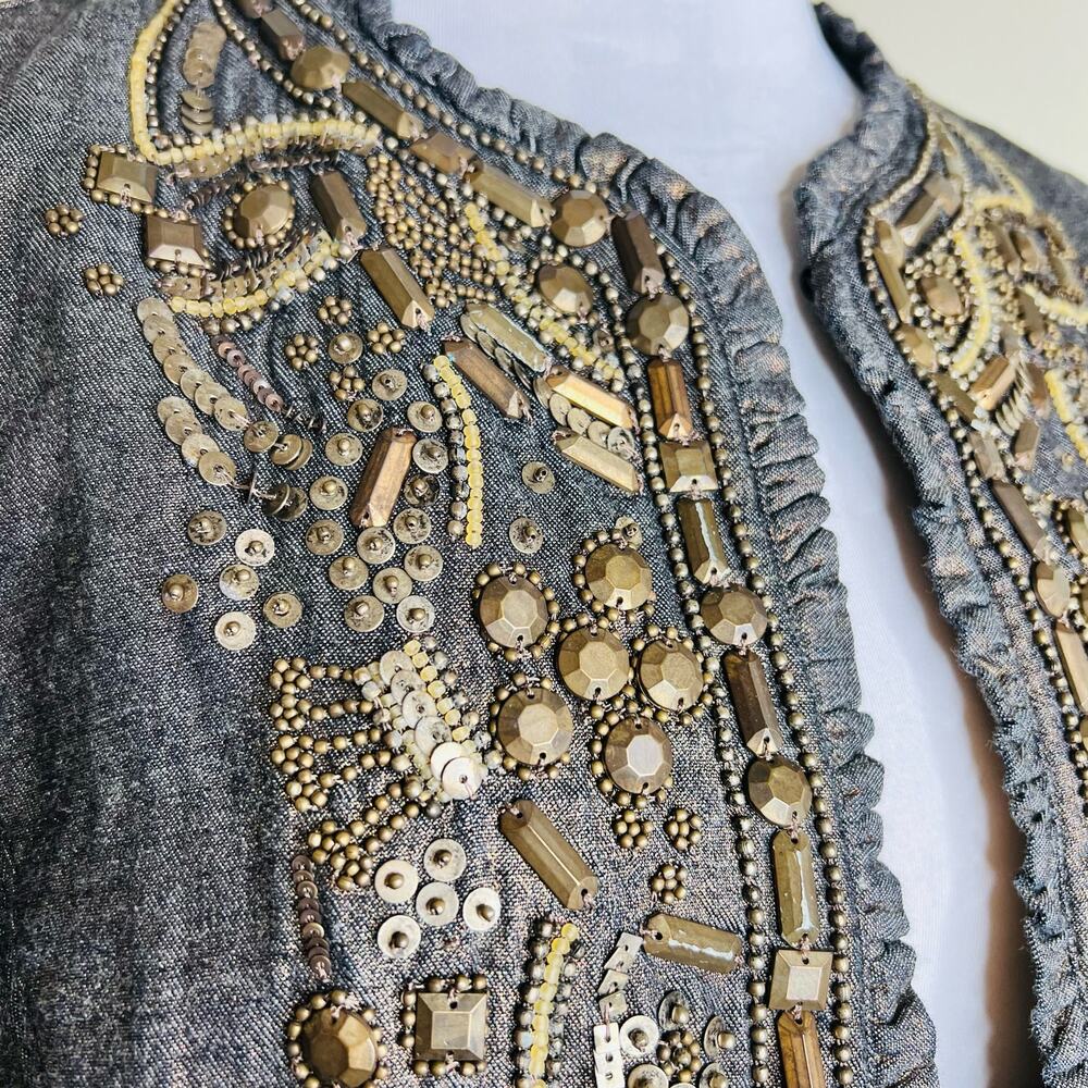 Chico's Jacket Small Beaded Studded Ruffle Chambray Embellished Metallic Gold - Picture 4 of 8